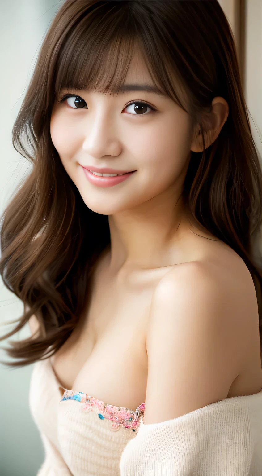 masterpiece,best quality,(Japanese girl),((Beautiful girl)),cleavage,(off shoulder:1.2),(perfect body beauty:1.2),(shy smile),From slightly above