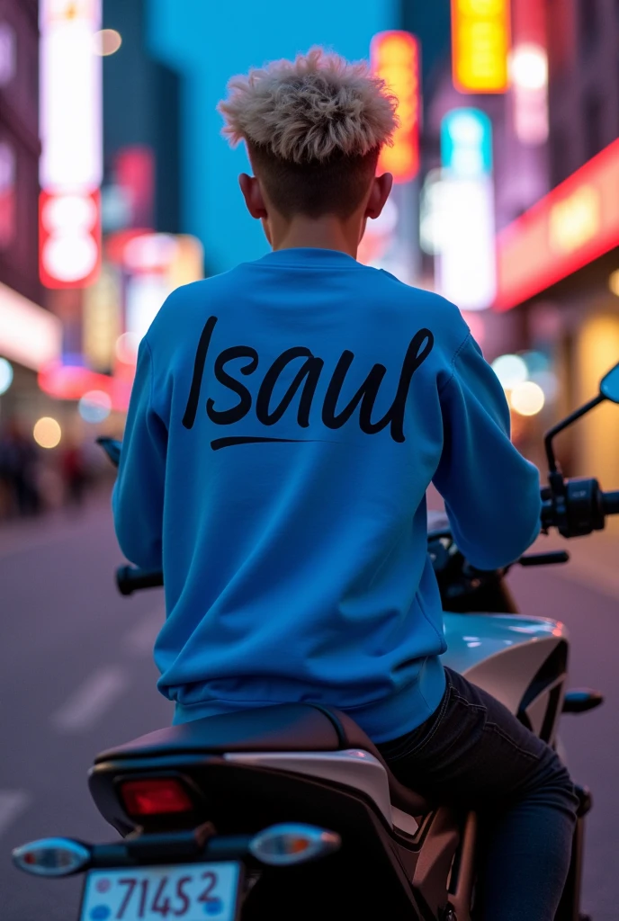 Someone with short, curly blond hair and whose sweatshirt on the back says isaul sitting on a Yamaha MT 09