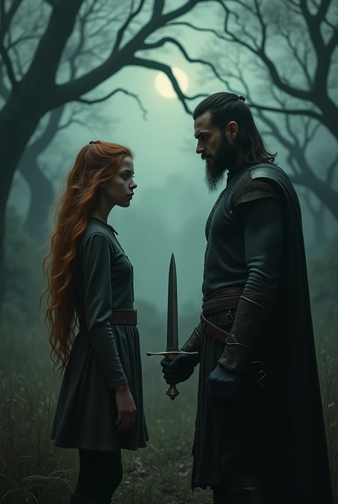 Create an image where a girl and a man are facing each other with shadows around them, that the background is sinister but alive and that in his hands there is a weapon