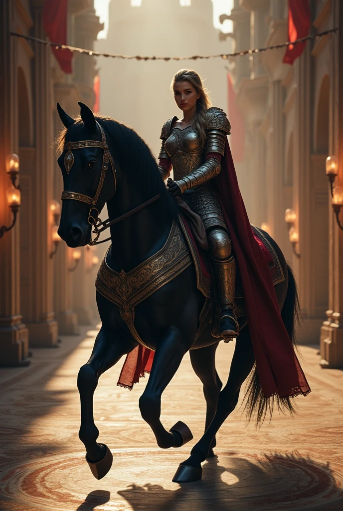 A female warrior riding large Black horse, kept her enemies captive in the palace.