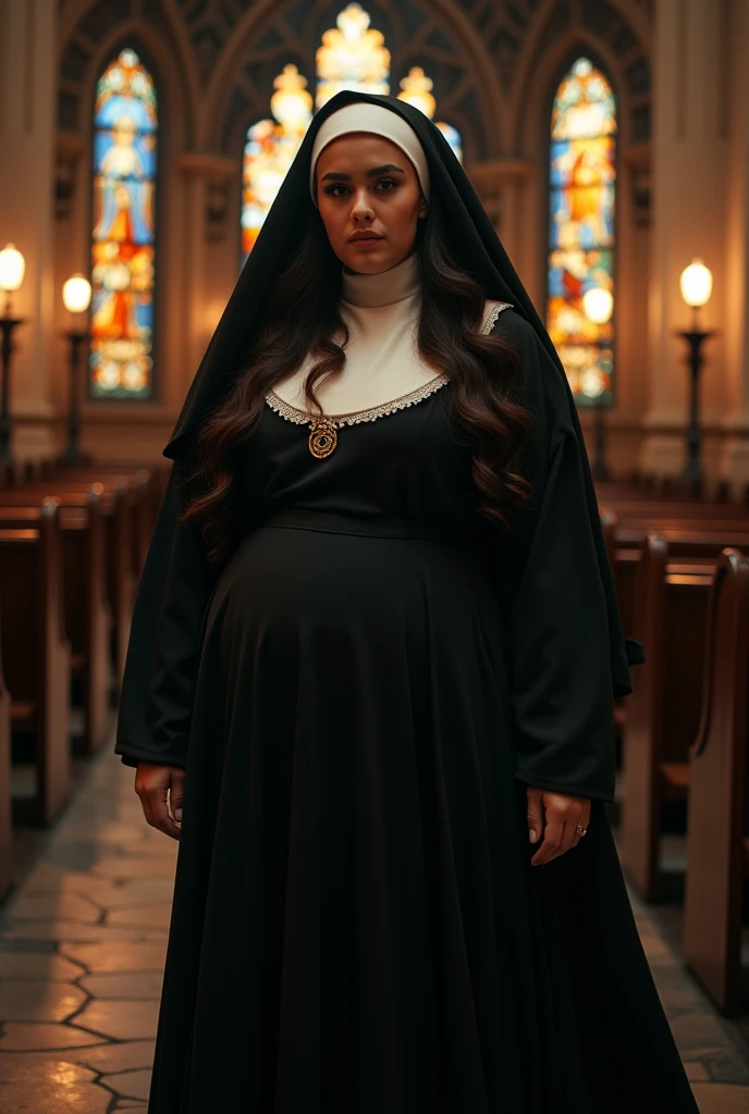 Create a woman with big breasts wearing a nun costume