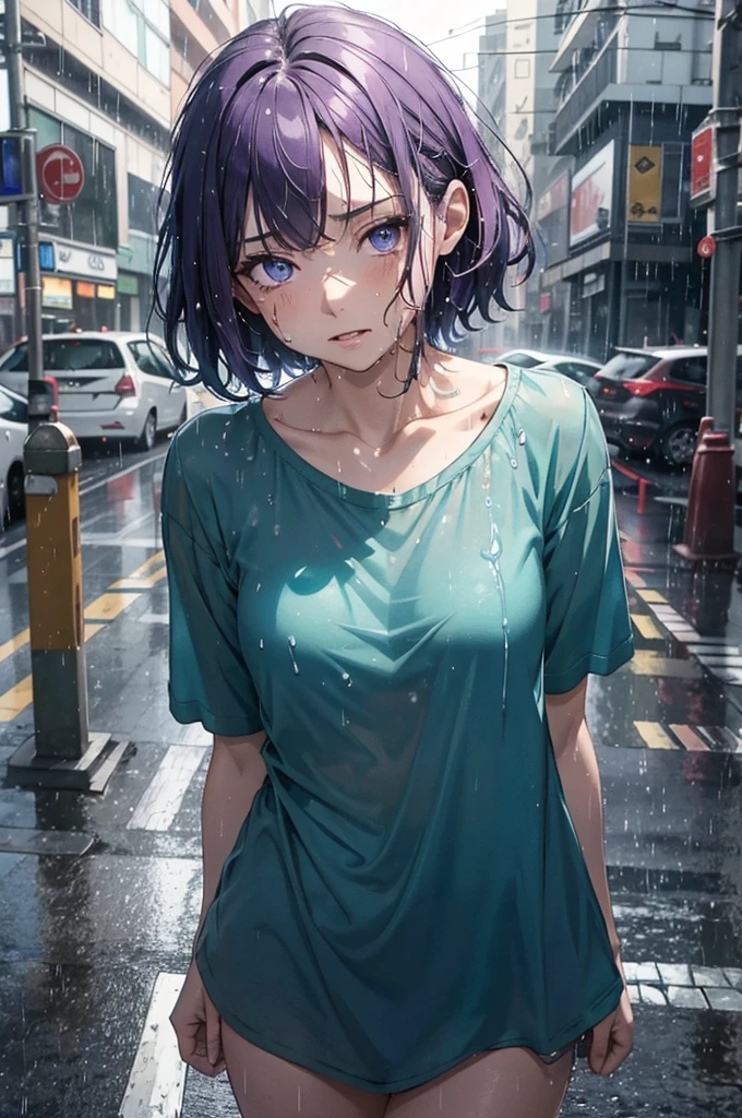 translucent teal-coloured pyjama shirt, she is otherwise naked, it is raining heavily, her pyjama top is soaking wet, her pyjama top is so wet it is sticking to her body, her eyes are purple and gorgeous, amazing purple eyes, growing purple eyes, soaking wet short hair, hair is sticking to her face, dripping wet hair, no underwear, no pyjama bottoms, nighttime, very dark, midnight, pavement,