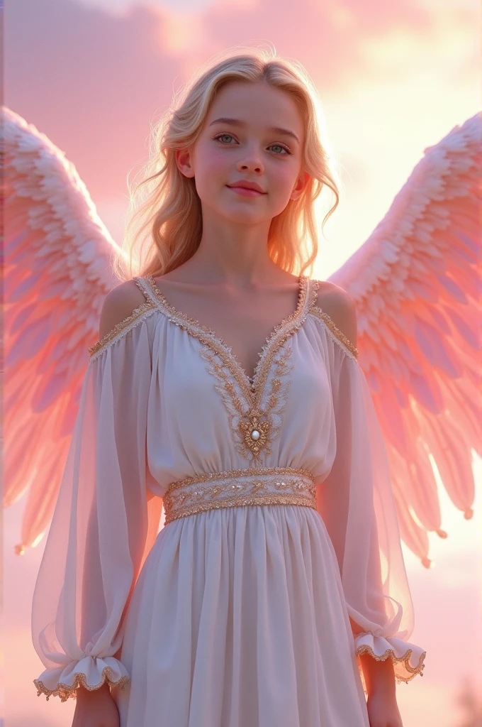 Fullbody of length AngelGirl wearing a white noble robe, intricate details, the sky behind, pink, beautiful wings, Eyes and lips detail, reslistic aesthetic 8K UHD