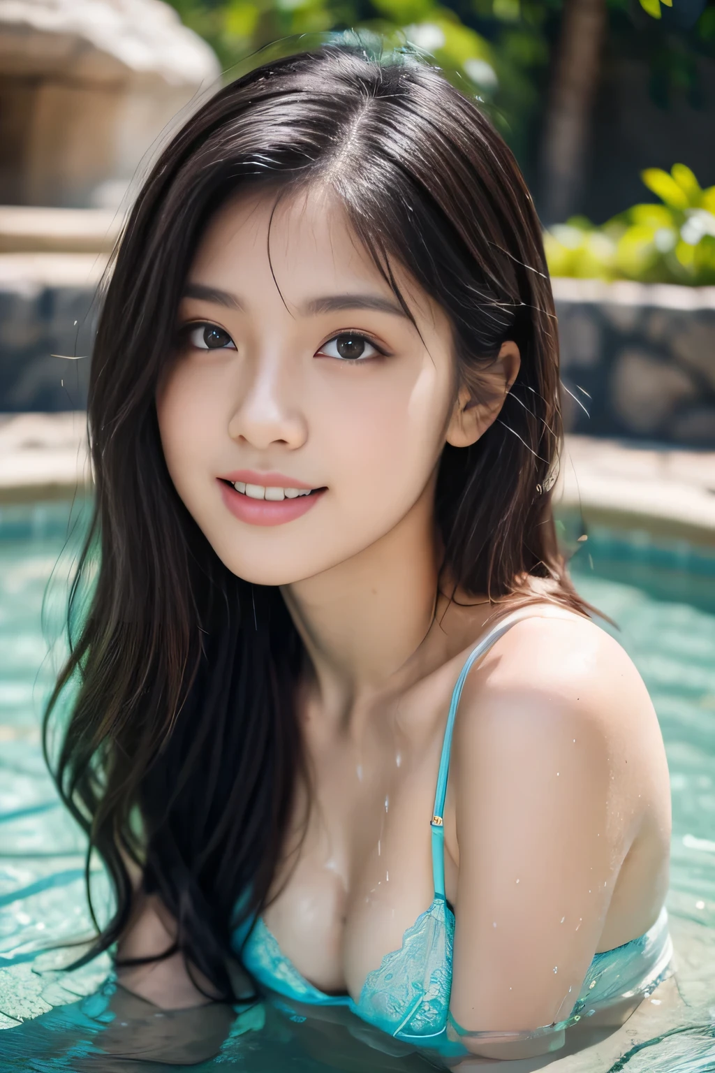 (masterpiece,Highest quality:1.4),(8k,RAW Photos,Photorealistic:1.4),(Glowing Skin),Detailed skin,Detailed face,Detailed eyes,Sparkling eyes:1.3,Symmetrical eyes,(Detailed 2024 Latest Model Lingerie),Ultra-detailed backgrounds,Detailed hands,One person, Japanese Idols,Natural Breasts,,stream,Water Play,pretty charming, ((Beautiful Face)),sexy Instagram style,Great location,smile,upper body,,Browsing Caution,Wet Hair