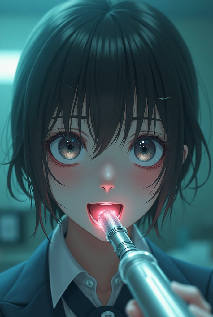 masterpiece, highest quality, (solo focus), (perfect face:1.1), (high detail:1.1), (hyper detailed eyes),Male patientはドギースタイル、Bright torture chamber、High School Uniform、1XGALX Mistress 、performing colonoscope insertion、(Sadistic schoolgirl inserts colonoscope into patient's anus:2)、1XG member mistress with colonoscopy、A crazy smile、Look at viewers、He enjoys inserting a colonoscope into his patient's anus.