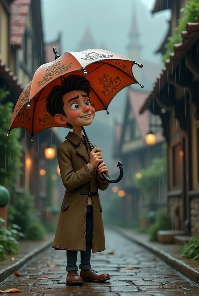 3D animation style.'[Ink dust] Standing on the cobblestone road in the town，Holding an old umbrella in hand。He looked up at the gray sky，Rain drops down the edge of the umbrella，With an expectant smile on his face。"