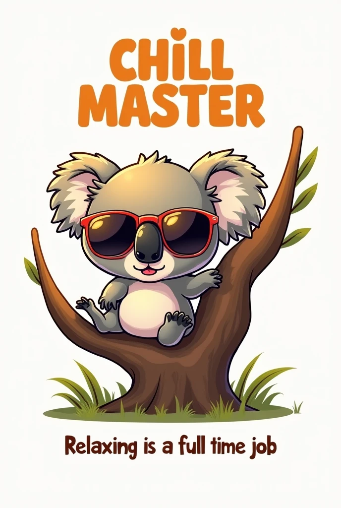 A whimsical and adorable chibi koala bear in a relaxed pose, donning a pair of stylish sunglasses. The koala is comfortably lounging on a tree branch, soaking in the sun and radiating an aura of easy-going charm. Above the koala, the bold text 'CHILL MASTER' stands out, emphasizing the character's mastery of relaxation. Beneath the koala, the statement 'Relaxing is a full-time job' further highlights the importance of leisure and taking time for oneself. The image is set against a clean and simple white background, allowing the koala and its message to stand out and be appreciated., illustration