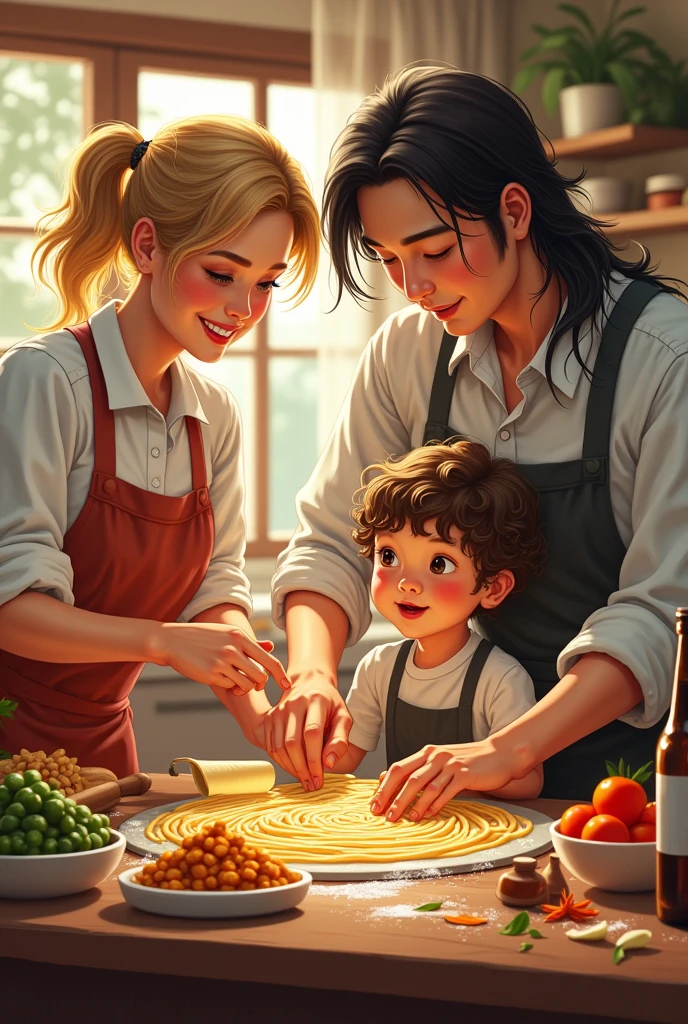 Logo cover for restaurant with Japanese characteristics, Italian pasta dough, Brazilian family, woman with medium blonde hair, cooking with her long black haired Japanese husband, a 4 year old cooking with curly light brown hair cooking together and a 2 month old Japanese baby on her husband&#39;s lap, with the name of the restaurant written "PraJapa", Indian spices and bottle of beer 