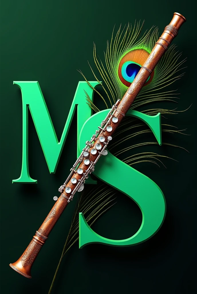 A flute adorned with intricate details is placed diagonally across a large, stylized green letter "M love S". Behind the flute is a vibrant small peacock feather, adding a touch of colorful elegance to the composition. The background is green effect with dark, making the elements stand out distinctly.follwers decoration
