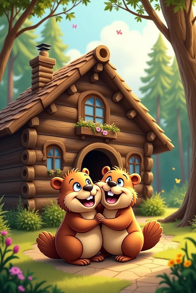 Make a happy beaver couple with their house in the middle of the forest, with a cartoon style