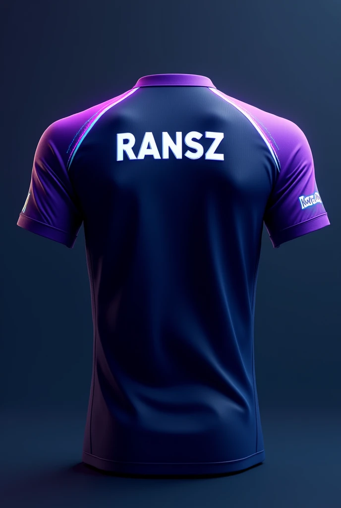 Mobile Legends Esports Team Jersey Back, Primary Colors: The back of the jersey will use a dominant navy blue base color..Color Accent: Around the shoulders and neck area, There will be purple and blue accent lines that blend together smoothly., giving a dynamic impression. This purple color will complete a cool and attractive look..Nama Pemain "RANSZ": The player's name will be placed in the center of the back in white or light blue., which contrasts with the navy background. The font used will be modern and slightly bold., make the player's name visible and prominent.More Details: The back of the jersey remains simple, tanpa banyak elemen tambahan. The focus is on the player's name "RANSZ", with color accents that emphasize the team's identity.