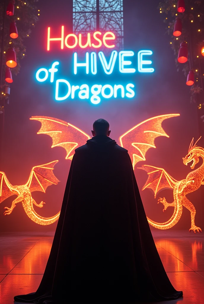 Create an image in which Luciano Pavarotti,Italian tenor,with John Snow's clothes,presents a reality show whose title is "House of Dragons" and at the moment there is a dance competition "Dance of the Dragons" where couples of dragons dance forró together