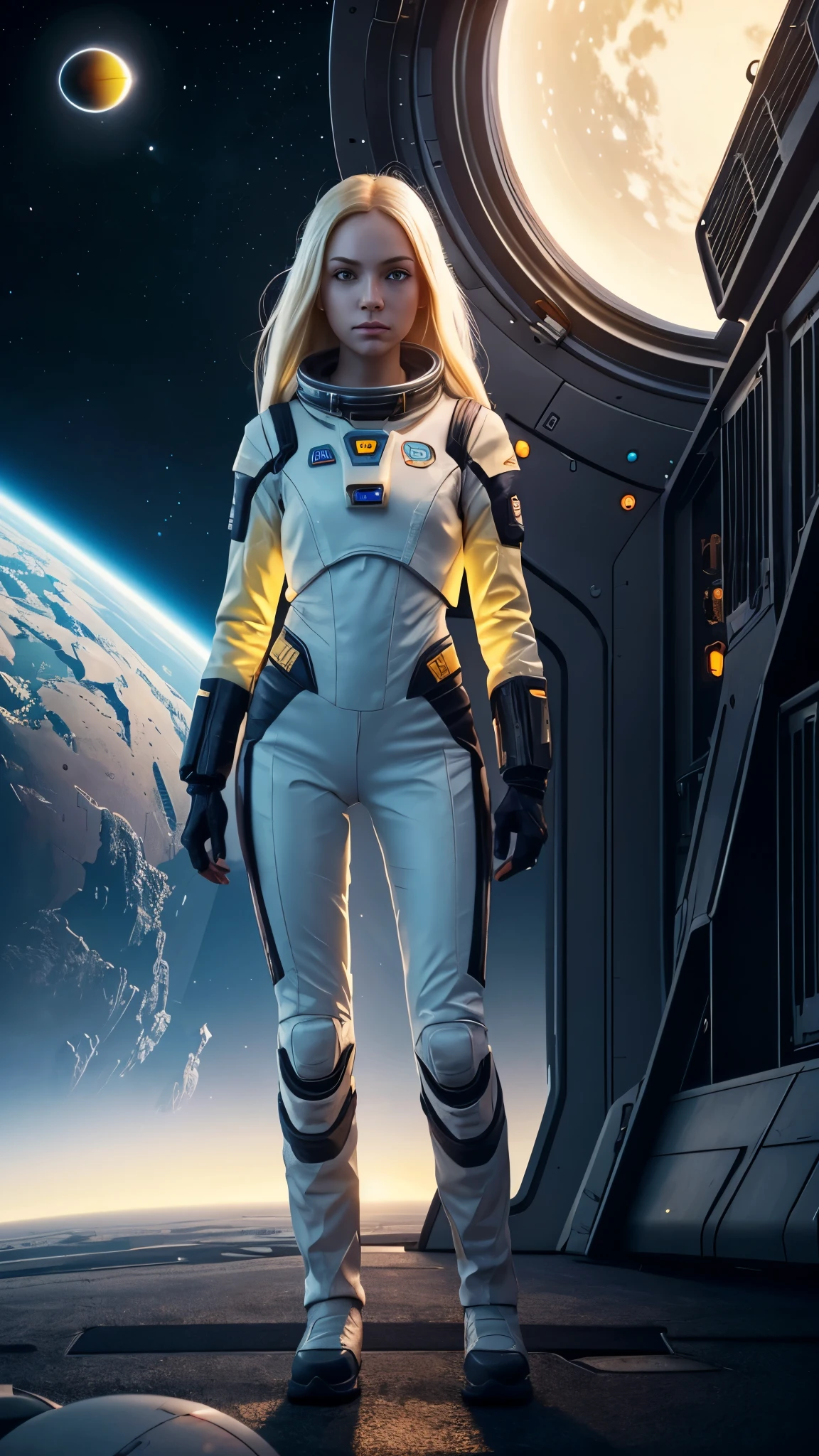 (young, , Blonde, Realistic, Pale skin), (yellow (eye:1.2)), (Slim figure:1.3), (fantasy space suit), Beautiful Face, Symmetrical face, Greg Rutkowski, Wlop and Sam Kuvshinov, (Long Hair), Blondeのまつげ, Big Iris, Large pupils, whole body, Standing with the space station in the background, Art Station, 8k, sf, pastel colour, Props, panel, concept, Futuristic, Gribble, Simon Stahlenhag, space, in outer space, a spaceship in the sky, Technical Blocks