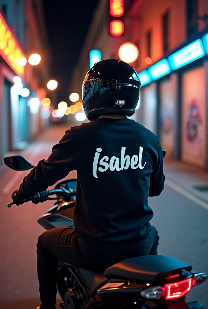 Someone with a black AGV helmet and a sweatshirt on the back that says Isabel sitting on a Yamaha MT 09