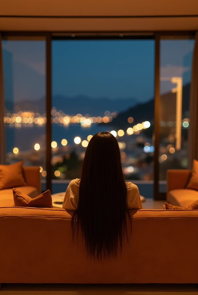 african girl, 19 ans, long black hair, sitting in a large luxury modern living room, tan furniture, dark lighting, night, panoramic view of italy out of the window, wearing pacsun