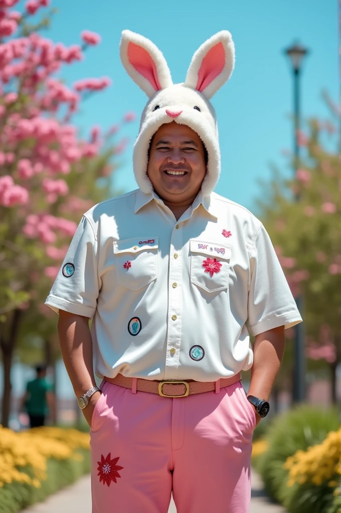 Handsome chubby filipino man in a white boy shirt design, bow design pink pants, and a fluffy bunny hat