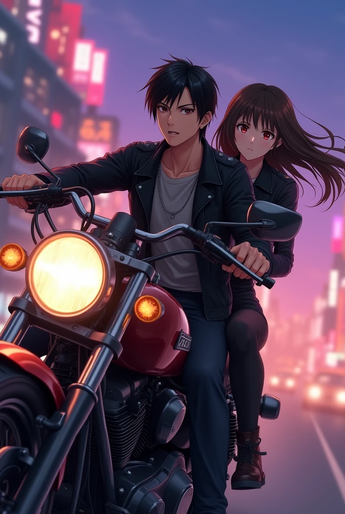 An anime man with black hair and dark maroon Eyes and he is sitting on the back seat of the bike an anime woman with long middle brunette hair and dark brown eyes  and she is driving the bike and they are wearing biker Boyz outfit 
