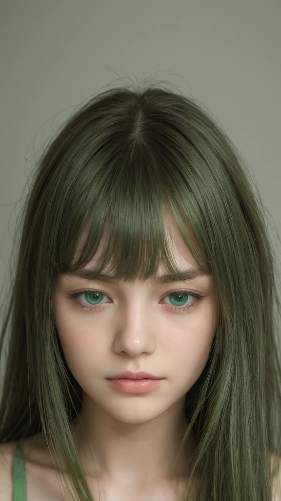 a girl. European. Extremely detailed face. Oval face. Delicate facial features. Half-closed eyes. gentle eye expression. Long straight hair. Messy hair. Bangs. Green hair. Green eyes. Shy. Straight face