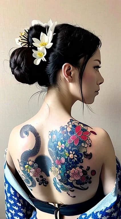 (masterpiece, Highest quality, Highest quality, Official Art, beautifully、aesthetic:1.2),One person, tattoo, alone, kimono,  hair ornaments, unsheathing, Black Hair, sheath, back tattoo, blue eyes,  Off the shoulder, Exposing shoulders, Recall, From behind, flower, View your viewers,  Holding, compensate,
indoor,