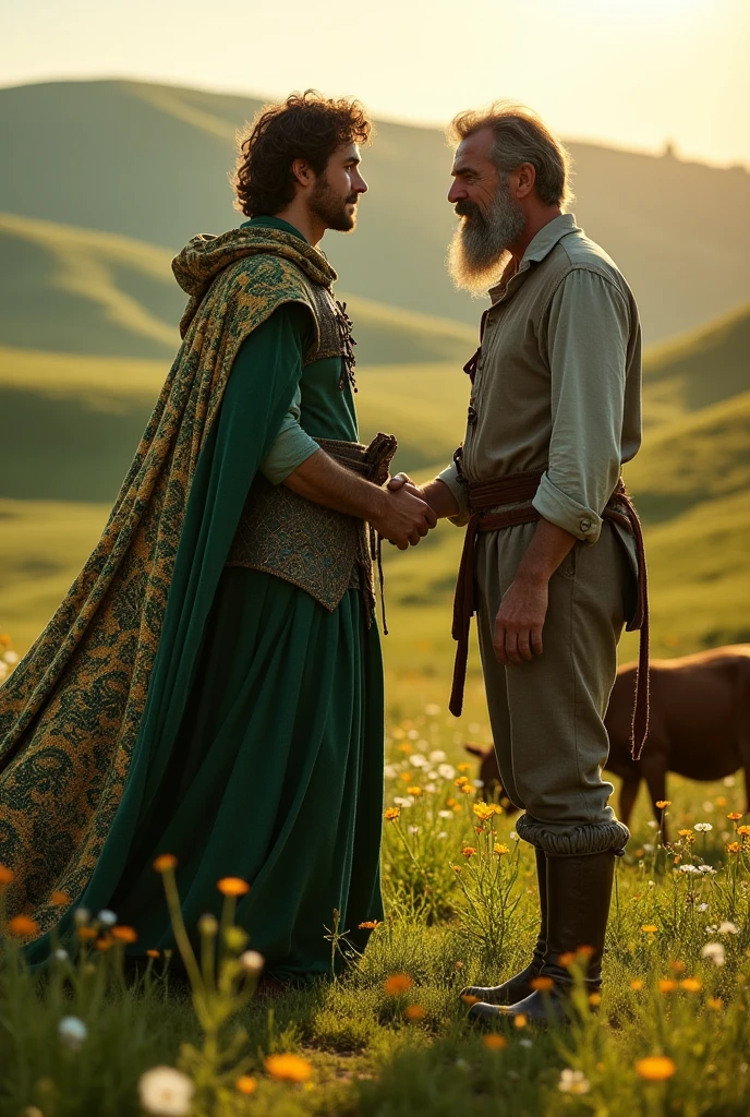 (photorealism:1.2), Merlin is a young man wearing rare clothes next to a farmer using medieval clothes in the fields with animals part 3