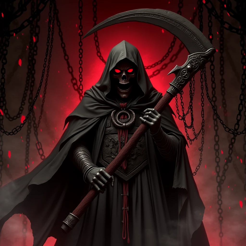 upper body, 1man, Red eyes, (Grim Reaper), Black Long Cape, Black Large Scythe, wallpaper, Chain background, bloody background, (masterpiece), best quality, closed-mouth