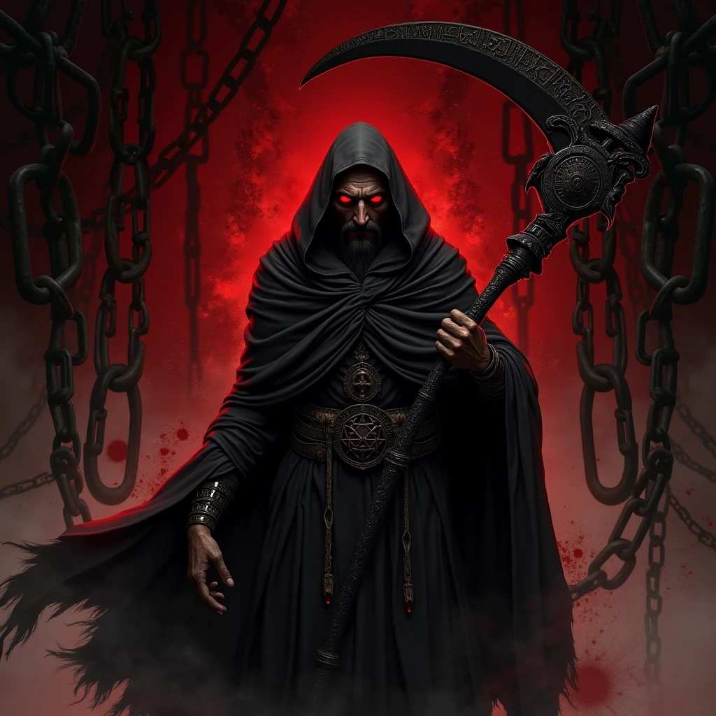 upper body, 1man, Red eyes, (Grim Reaper), Black Long Cape, Black Large Scythe, wallpaper, Chain background, bloody background, (masterpiece), best quality, closed-mouth