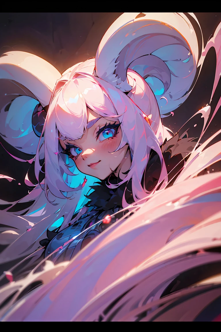 "(Best quality, 8 K, 32K, masterpiece, Toxic Liquid Style:1.3), junkotvv cat ears, black fur, Red eyes, Ultra detailed, (photorealistic:1.4), pink and white colors, Perfect color combination, albino, 1 girl,16 years, Personality characteristics, realistic design, blue hair, Blue eyes, blue pupils, (Blue eyelashes), ((ram&#39;s horn)), rounded horns, Big cat ears, dark purple blouse, translucent blouse, shorts, blue pattern on leg, hair in a bun, standing, full height, sports shoes, ((Personality characteristics)), whole body, ((reference sheet)), smile, woolry, wool, fluffy wool, check_9, check_8_up, check_7_up, check_6_up, check_5_up, check_4_up