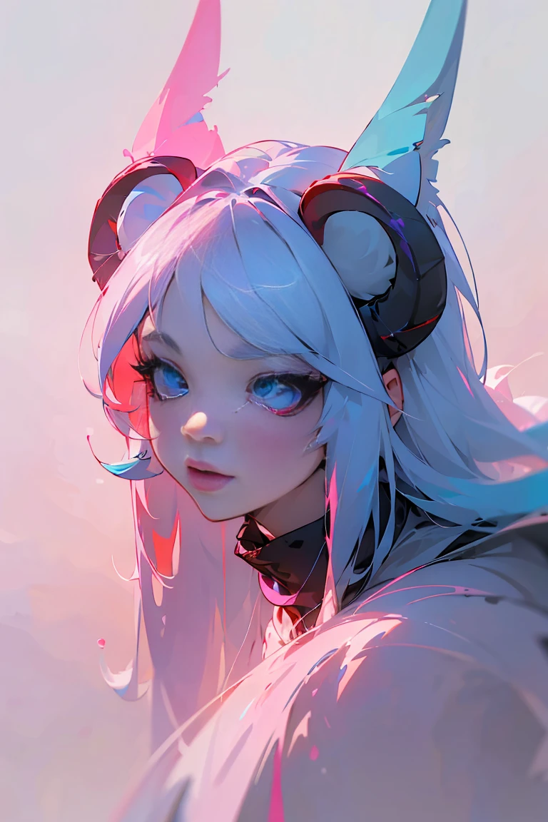 "(Best quality, 8 K, 32K, masterpiece, Toxic Liquid Style:1.3), junkotvv cat ears, black fur, Red eyes, Ultra detailed, (photorealistic:1.4), pink and white colors, Perfect color combination, albino, 1 girl,16 years, Personality characteristics, realistic design, blue hair, Blue eyes, blue pupils, (Blue eyelashes), ((ram's horn)), rounded horns, Big cat ears, dark purple blouse, translucent blouse, shorts, blue pattern on leg, hair in a bun, standing, full height, sports shoes, ((Personality characteristics)), whole body, ((reference sheet)), smile, woolry, wool, fluffy wool, check_9, check_8_up, check_7_up, check_6_up, check_5_up, check_4_up