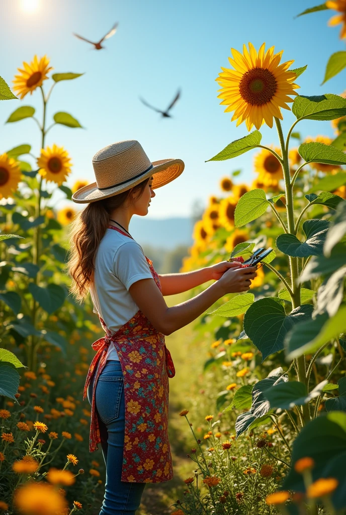 Gardener pruning sunflowers