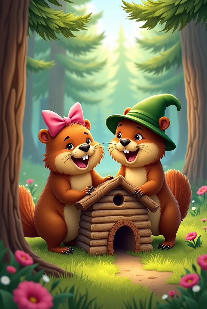 Make a happy beaver couple with their house in the middle of the forest, with a cartoon style
