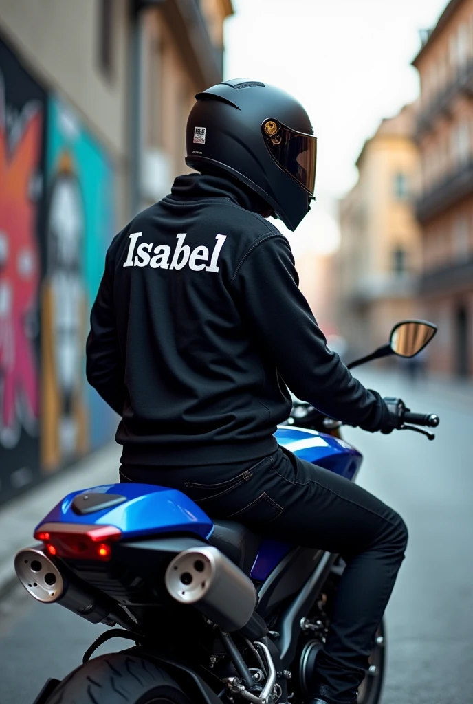 Someone with a black AGV helmet and a sweatshirt on the back that says Isabel sitting on a Yamaha MT 09