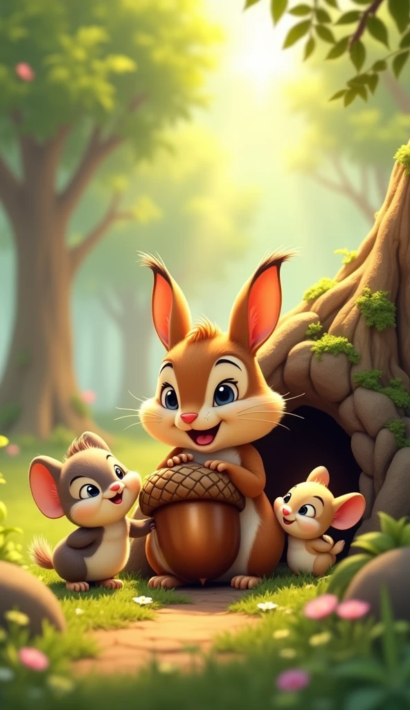 Cartoon anime 3D characters of The acorn is safely nestled near the chipmunk's burrow, and all the friends—a bunny, a bird, and a mouse—are gathered around it, smiling and happy. The chipmunk looks relieved and grateful, and the scene is filled with warmth and camaraderie.