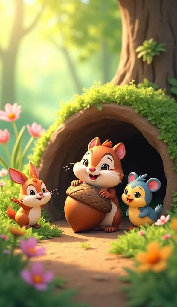 Cartoon anime 3D characters of The acorn is safely nestled near the chipmunk's burrow, and all the friends—a bunny, a bird, and a mouse—are gathered around it, smiling and happy. The chipmunk looks relieved and grateful, and the scene is filled with warmth and camaraderie.