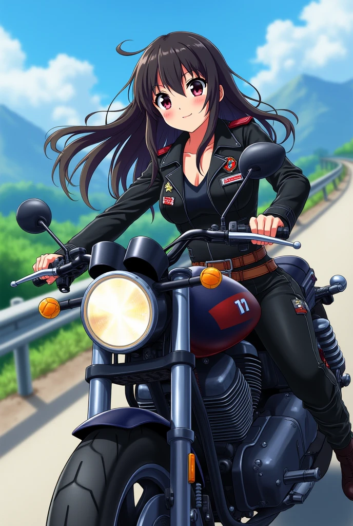 An anime man with black hair and dark maroon Eyes and he is sitting on the back seat of the bike an anime woman with long middle brunette hair and dark brown eyes and she is driving the bike and they are wearing biker Boyz outfit