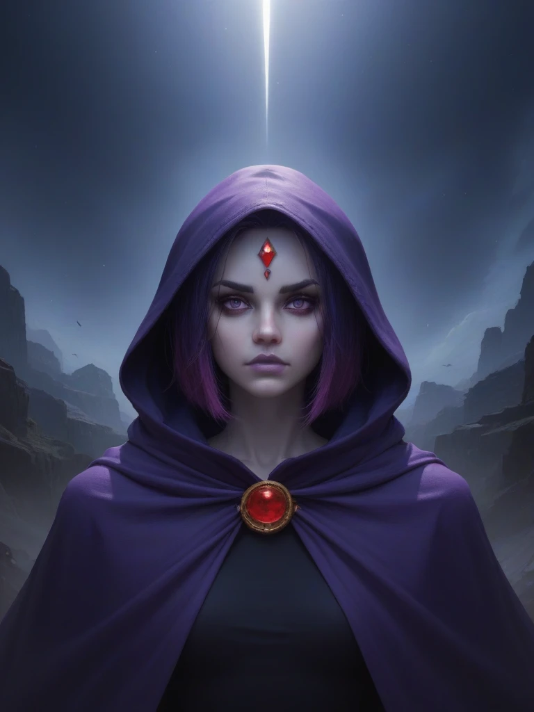 score_9, score_8_up, score_7_up, volumetric lighting,
white raven, 1girl, solo, short hair, purple hair, hood, cape, colored skin, cloak, grey skin, forehead jewel
