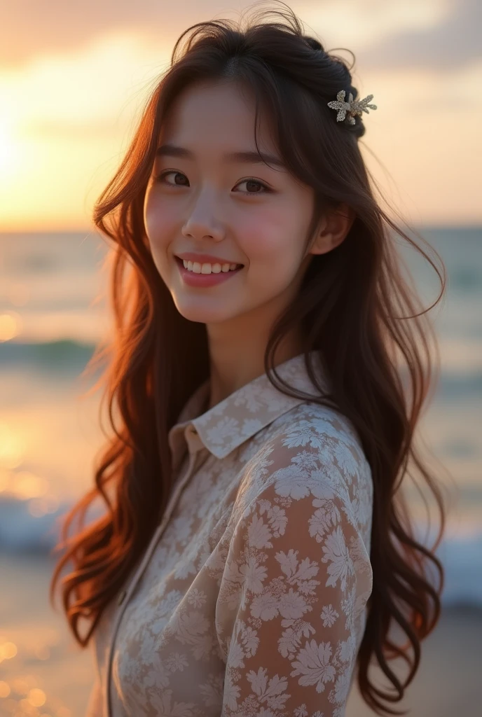 Beautiful one、Detailed eyes、、Highest quality, 超High resolution, (Reality: 1.4), Super Beauty、Beautiful Skin、Slender、Body facing forward、(Surreal)、(High resolution)、(8k)、(Beautiful and detailed eyes)、Detailed face、Bright lighting、Face Focus、Look straight ahead、(The costume is a damask shirt dress.)、Long Hair, Evening scenery、Brown Hair、Japan is an idol、、Age 20、 smile, Seascape