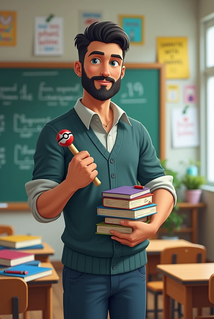 Short black hair teacher with beard, right hand rolling a pokeball. Left hand holding books, School