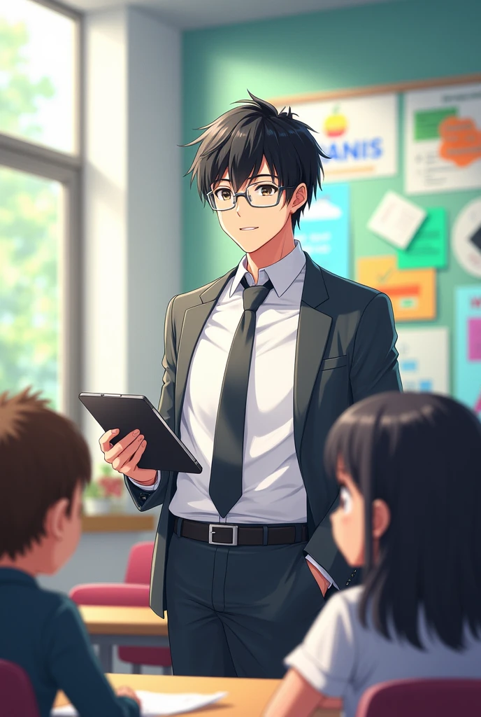Black-haired male teacher, wearing glasses, wearing a white shirt and a tie, wearing a jacket, holding an iPad, anime image