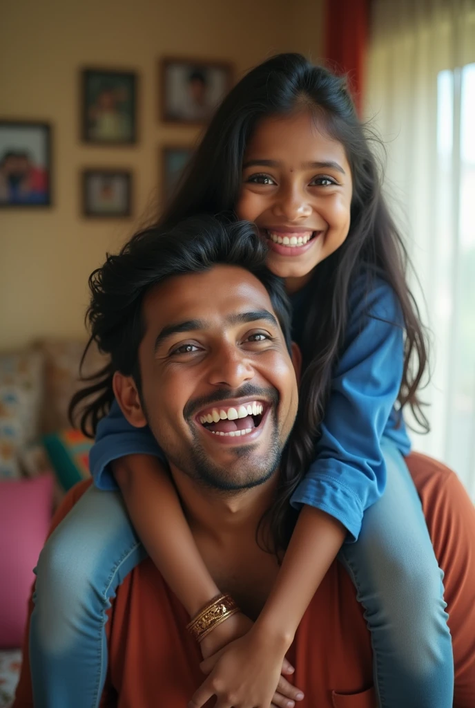 Create a realistic photograph of a smiling and beautiful indian young girl with sharp nose in blue top carrying a large chubby man on her shoulders in a room, man is sitting on top of her shoulders , man on top, woman at bottom