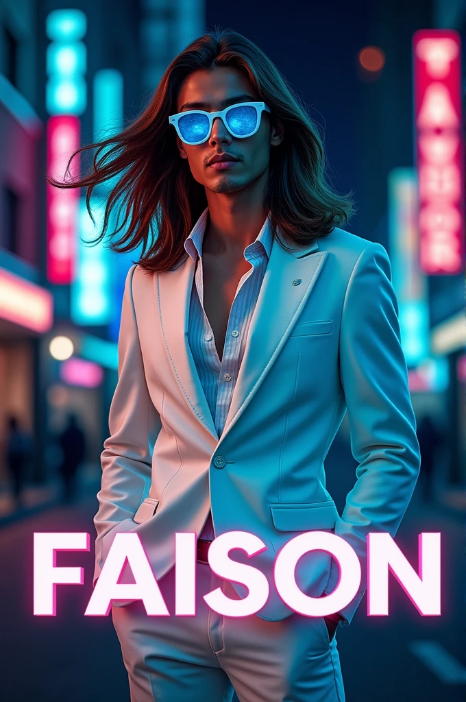 Make an edgy poster with a handsome young man in a white suit with long brown hair wearing white-colored blue glasses and saying Faison 