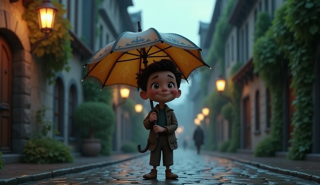 3D animation style.'[Ink dust] Standing on the cobblestone road in the town，Holding an old umbrella in hand。He looked up at the gray sky，Rain drops down the edge of the umbrella，With an expectant smile on his face。"