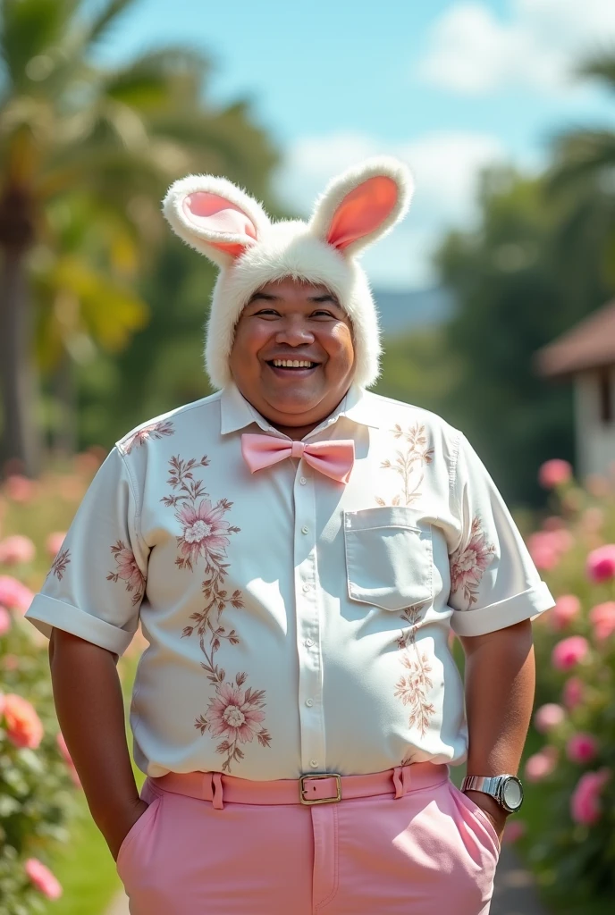 Handsome chubby filipino man in a white bow shirt design, bow design pink pants, and a fluffy bunny hat