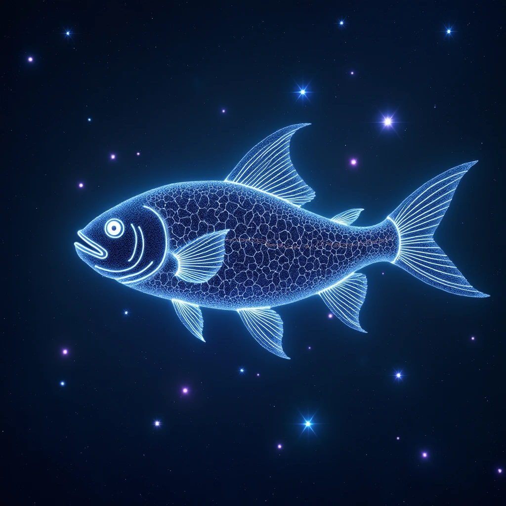a fish constellation swimming in a sea of stars, fantasy, (best quality,4k,8k,highres,masterpiece:1.2),ultra-detailed,(realistic,photorealistic,photo-realistic:1.37),highly detailed fish constellation, detailed outline of a fish constellation, fish constellation swimming through a starry night sky, beautiful fantasy landscape, ethereal and dreamlike, glowing stars, vibrant colors, dramatic lighting, intricate details