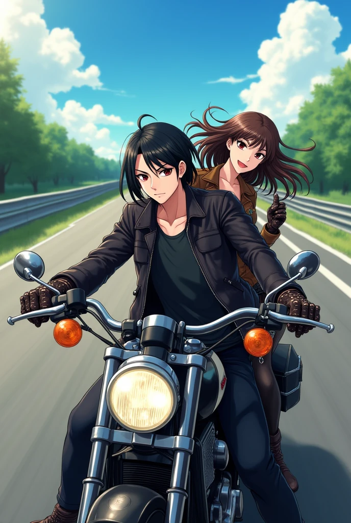 An anime man with black hair and dark maroon Eyes and he is sitting on the back seat of the bike an anime woman with long middle brunette hair and dark brown eyes  and she is driving the bike and they are wearing biker Boyz outfit 