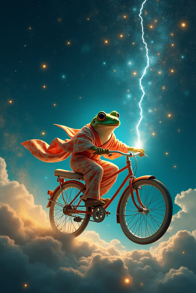(Full-scale　Huge　Starry Sky:1.4) art,　 (as under deep sea lighting:1.3),  (deep sea:1.4), Lots of sparkling stars、　realistic, A lightning-firing frog flies through space on a bicycle、float、　Jump、flying、Drift、kimono、　in deep space, cosmic shower、