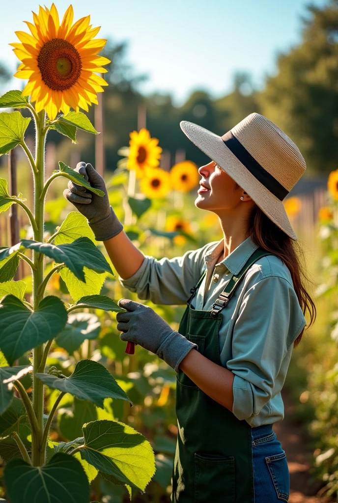 Gardener pruning sunflowers 