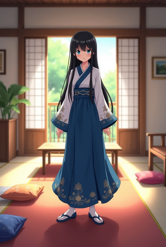 16 year old anime girl with long black hair and blue eyes wearing white and blue Japanese clothes and with an angry face and in the living room of her anime house