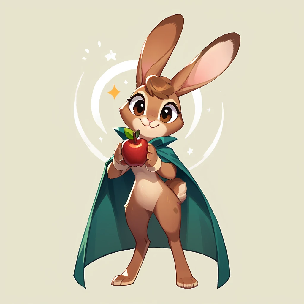 Full body view from a rabbit fursona with palebrown fur, female, long ears, smiling, wearing cape, friendly bunny, holding a sweet apple in her hand