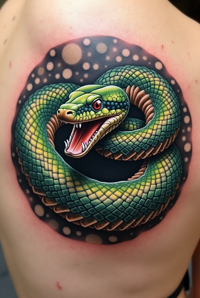 A microrealism style tattoo design with a diameter of up to 10cm I want.a half-spotted circular background Inside this circle a common Brazilian boa constrictor, with the boa constrictor pattern Her body should be curled up and she should be lunging with her mouth open