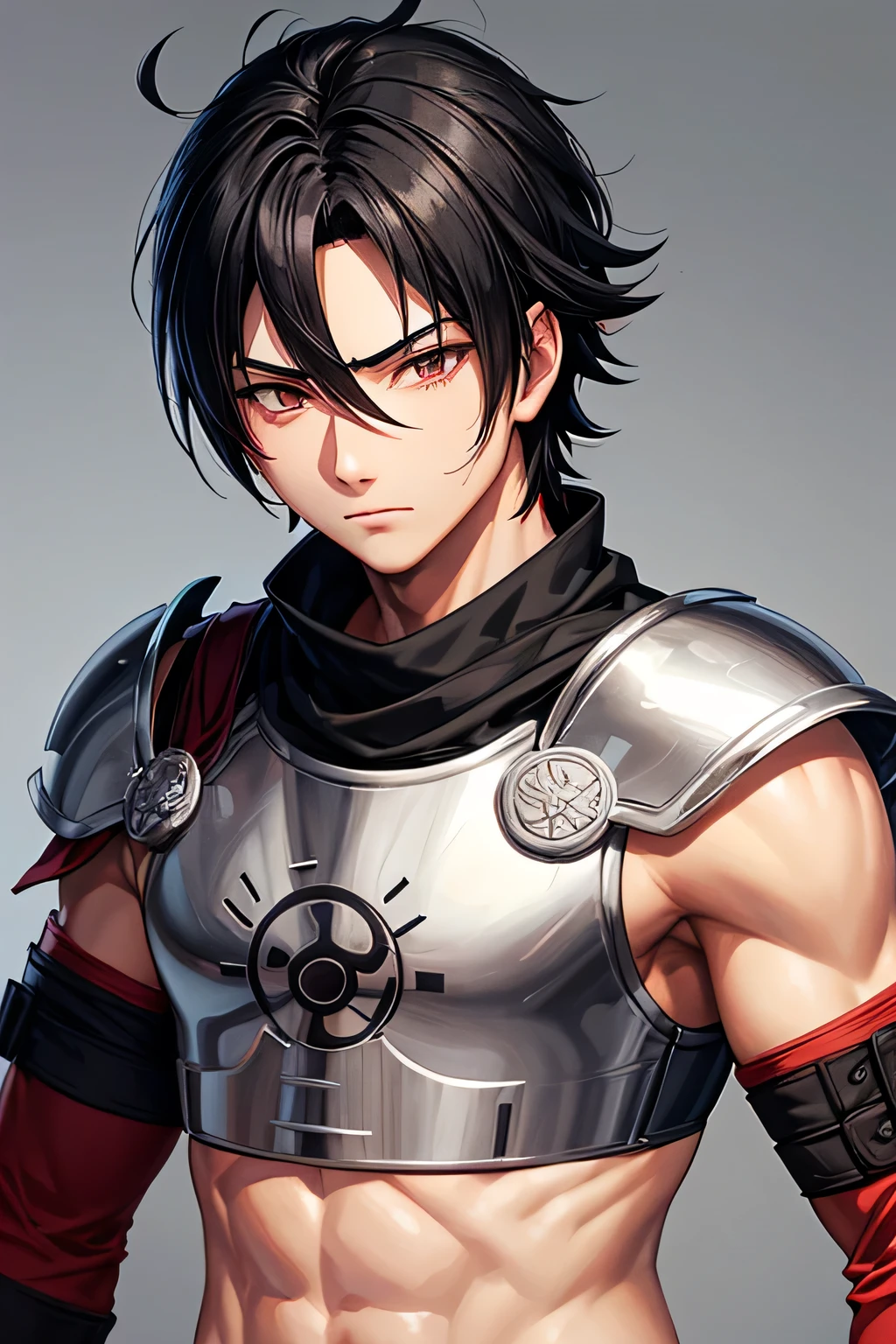 Roman Legionary  Male Short Jet Black Hair Red Helmet Plume Athletic, but with a musculature without exaggeration Base to do it Shisui Uchiha from the Naruto series and anime.
Uchiha logo on the left chest of the armor 